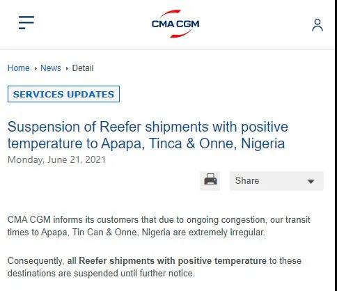 Suspension of Reefer shipments with positive temperature to Apapa,Tinca & Onne,Nigeria